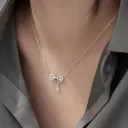 Silver Plated CZ Bowknot Necklace Crystal Pendant Stainless Steel Necklace
