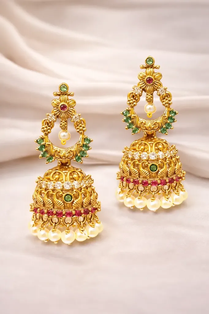 Pearls Designer CZ Jhumkhas with Pearls Beats